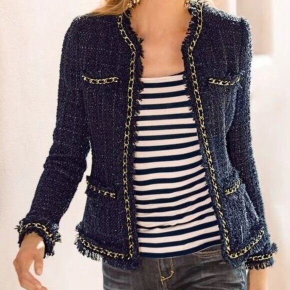 Boston Proper Parisian Navy Blue Shimmer Tweed with Gold Chain Trim Jacket 12 - Picture 1 of 9